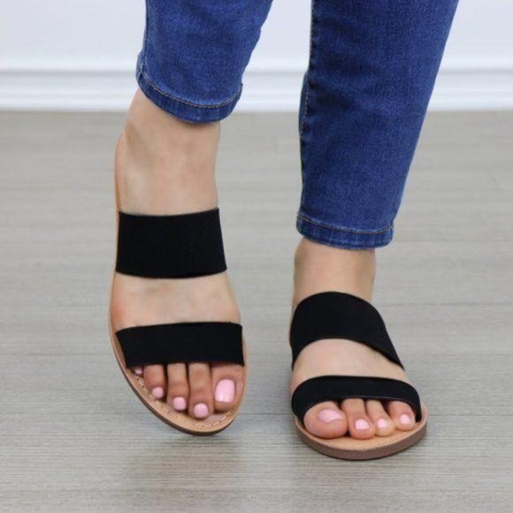 Slip On 2 Strap Flat slider Sandal Black Velvet - Picture 6 of 10